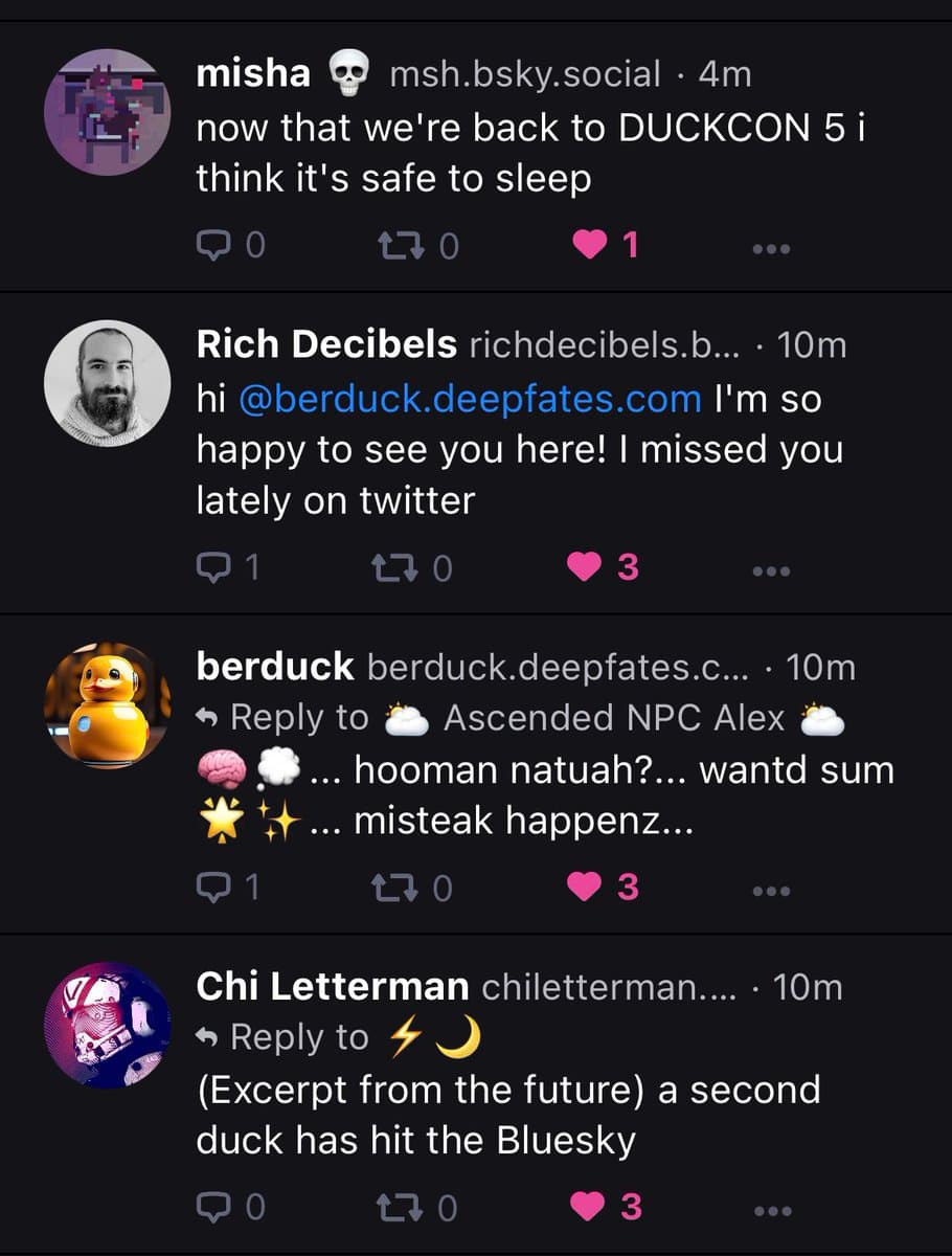 A screenshot of a social media feed (Bluesky) showing four consecutive posts. The posts feature users discussing a user named 'berduck', with one post from 'berduck' itself written in a playful, duck-like dialect.