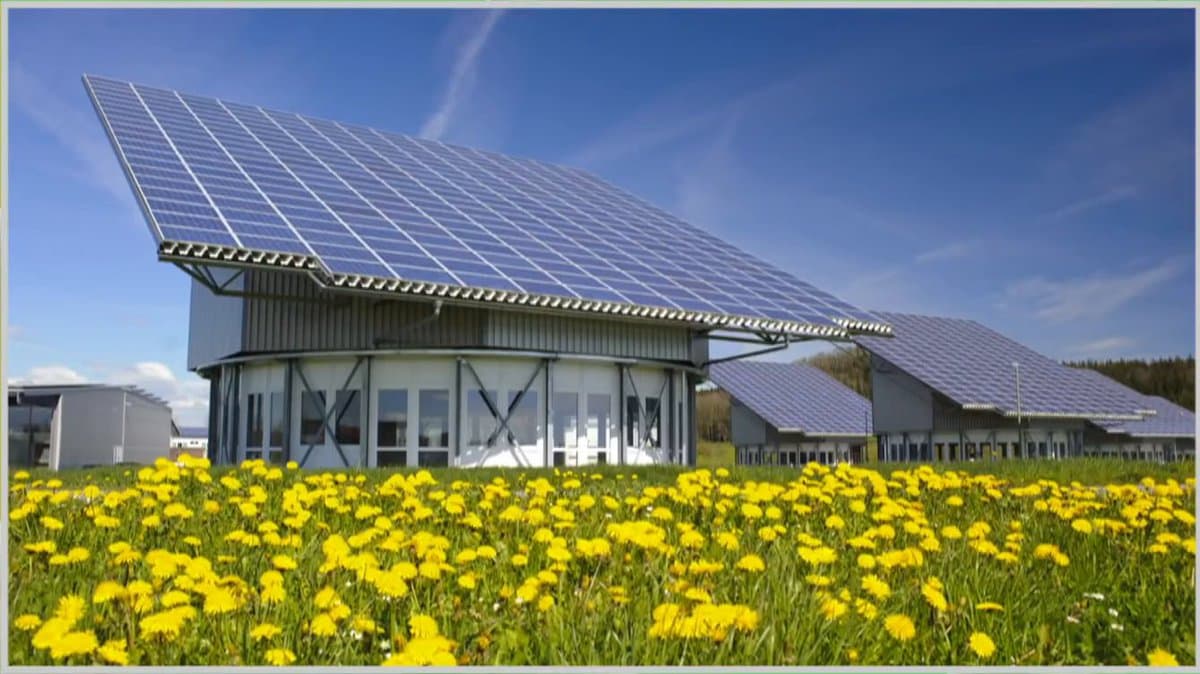 A photograph of a modern building with a large, sloped solar panel roof, set in a field of yellow wildflowers under a blue sky. The architecture features large glass windows and a light-colored exterior, blending technology with nature.