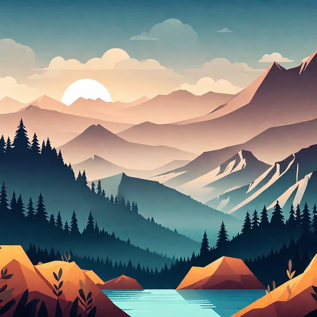 A stylized digital illustration of a mountain landscape at sunrise or sunset, featuring layered peaks, a forested hillside, and a calm lake in the foreground. The scene is rendered in a flat, vector-art style with a warm color palette of oranges, pinks, and blues. There is no text present in the image.
