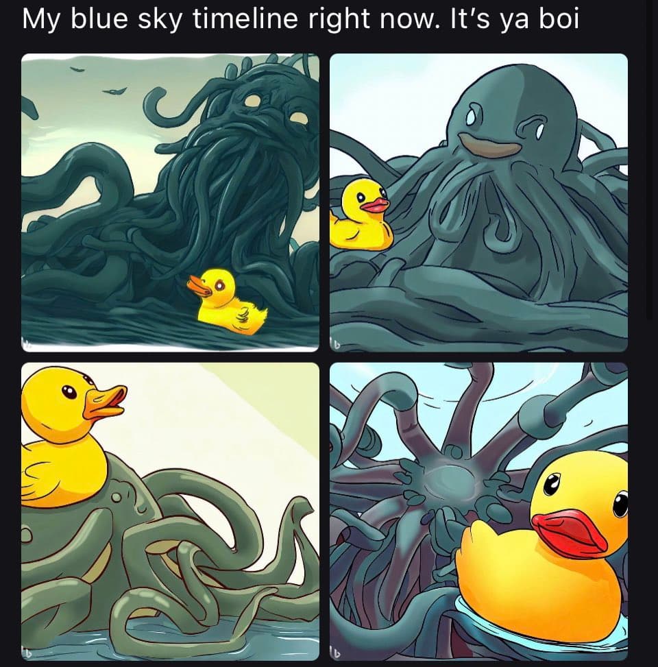 A four-panel comic strip showing a small yellow rubber duck and a large, friendly-looking octopus in various interactions on the water. The top of the image has a caption.