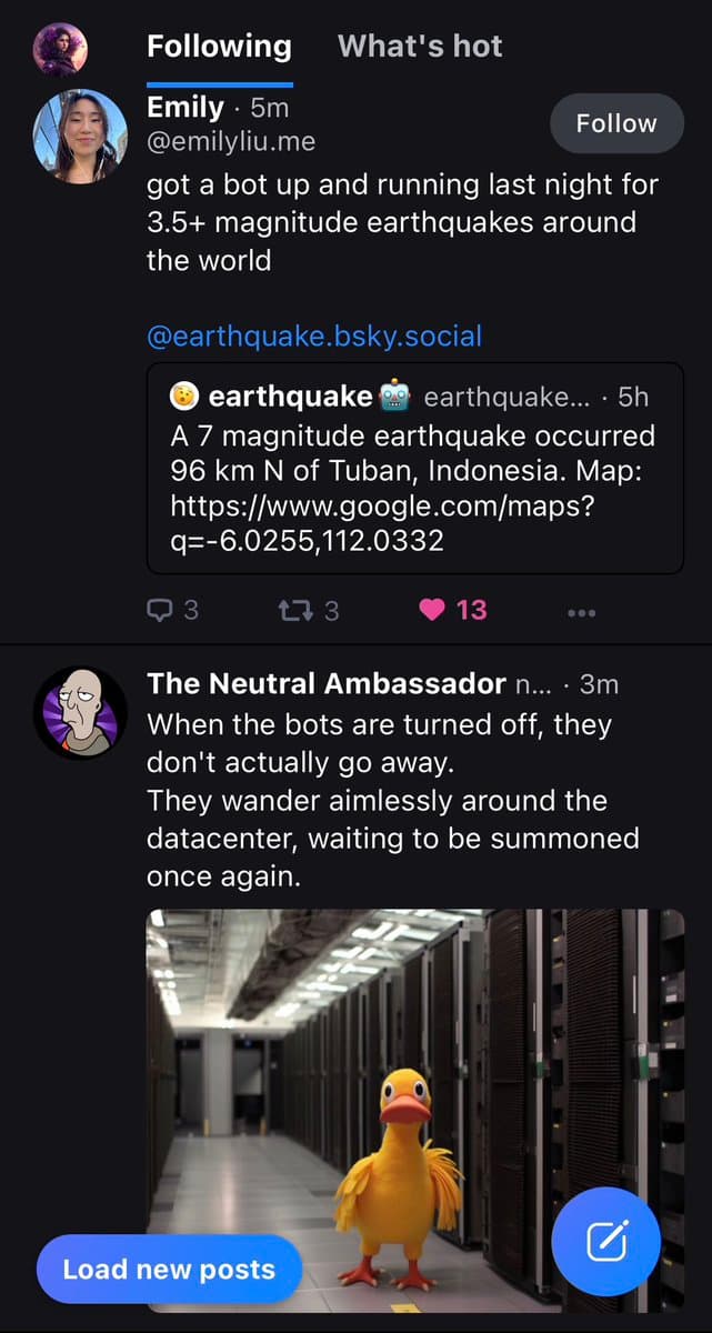 A screenshot of a social media feed showing two posts about earthquake bots. The first post by Emily links to an earthquake bot, and the second post by The Neutral Ambassador humorously describes bots wandering a datacenter, illustrated with a photo of a yellow duckling standing in a server room.