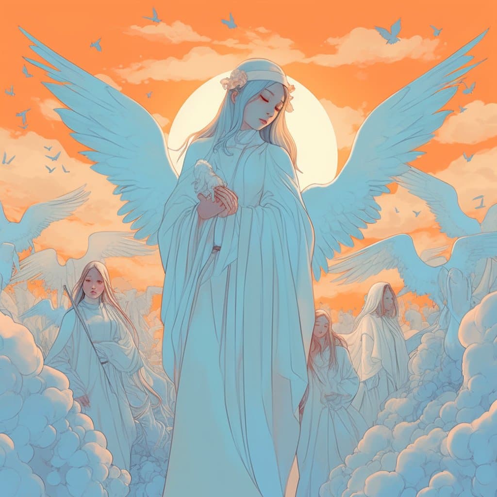A digital illustration depicting a central female figure with large white wings and a white robe, holding a small white bird, standing among a crowd of similar winged figures in a field of clouds against an orange sky.