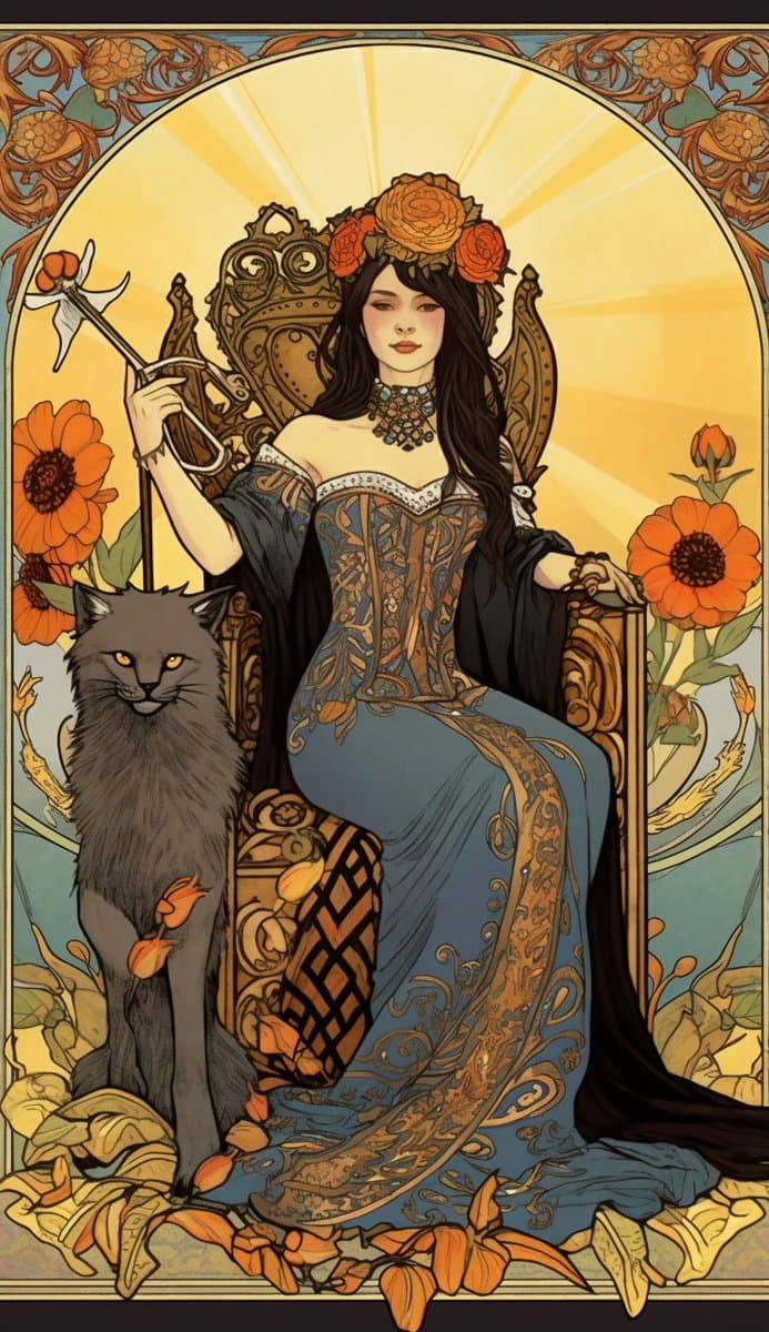 A stylized digital illustration in an Art Nouveau style depicting a woman with long dark hair and a floral crown seated on an ornate golden throne. She wears a blue and gold gown and holds a staff, accompanied by a large grey cat with yellow eyes sitting beside her, all surrounded by orange flowers and decorative borders.