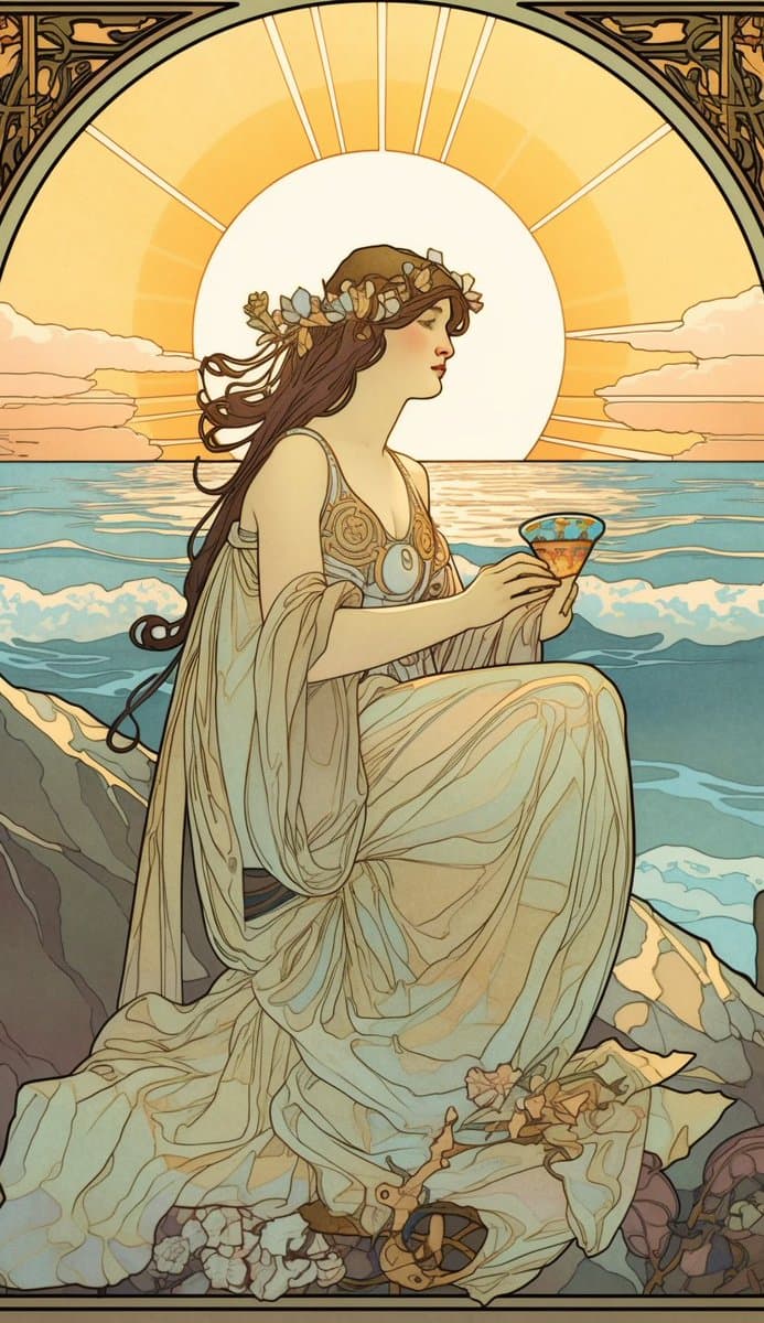 A stylized illustration in an Art Nouveau style depicting a woman with long brown hair and a floral crown sitting on a rocky shore. She wears a flowing white dress and holds a small, ornate cup, with a large sun and ocean waves in the background.