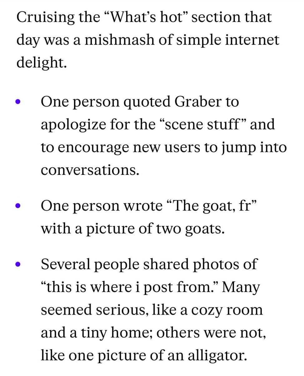 A text-based image, likely a screenshot of an article or blog post, featuring a paragraph and a bulleted list on a white background. The text describes various user interactions and posts on a social media platform's 'What's hot' section.