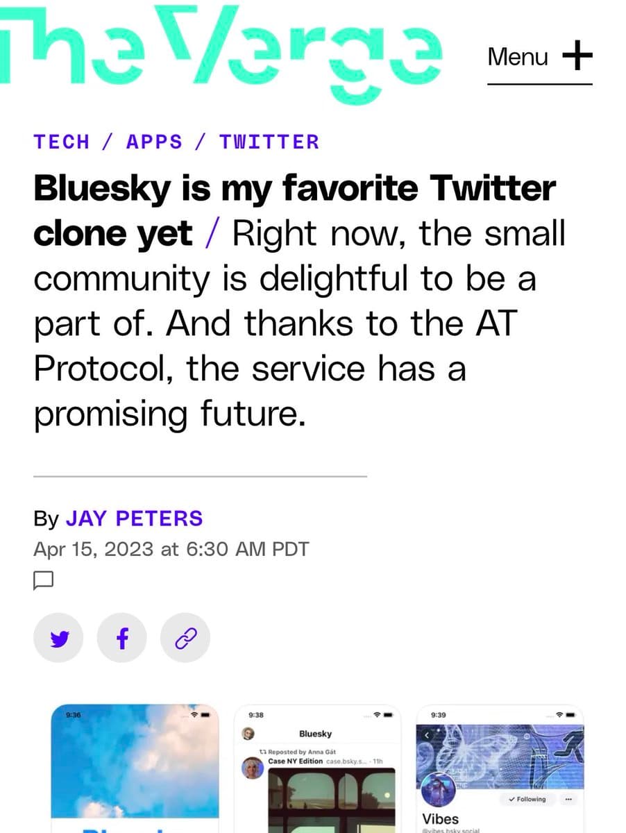 A screenshot of a The Verge article titled 'Bluesky is my favorite Twitter clone yet' by Jay Peters, dated April 15, 2023. The article discusses the Bluesky social media platform and its community.