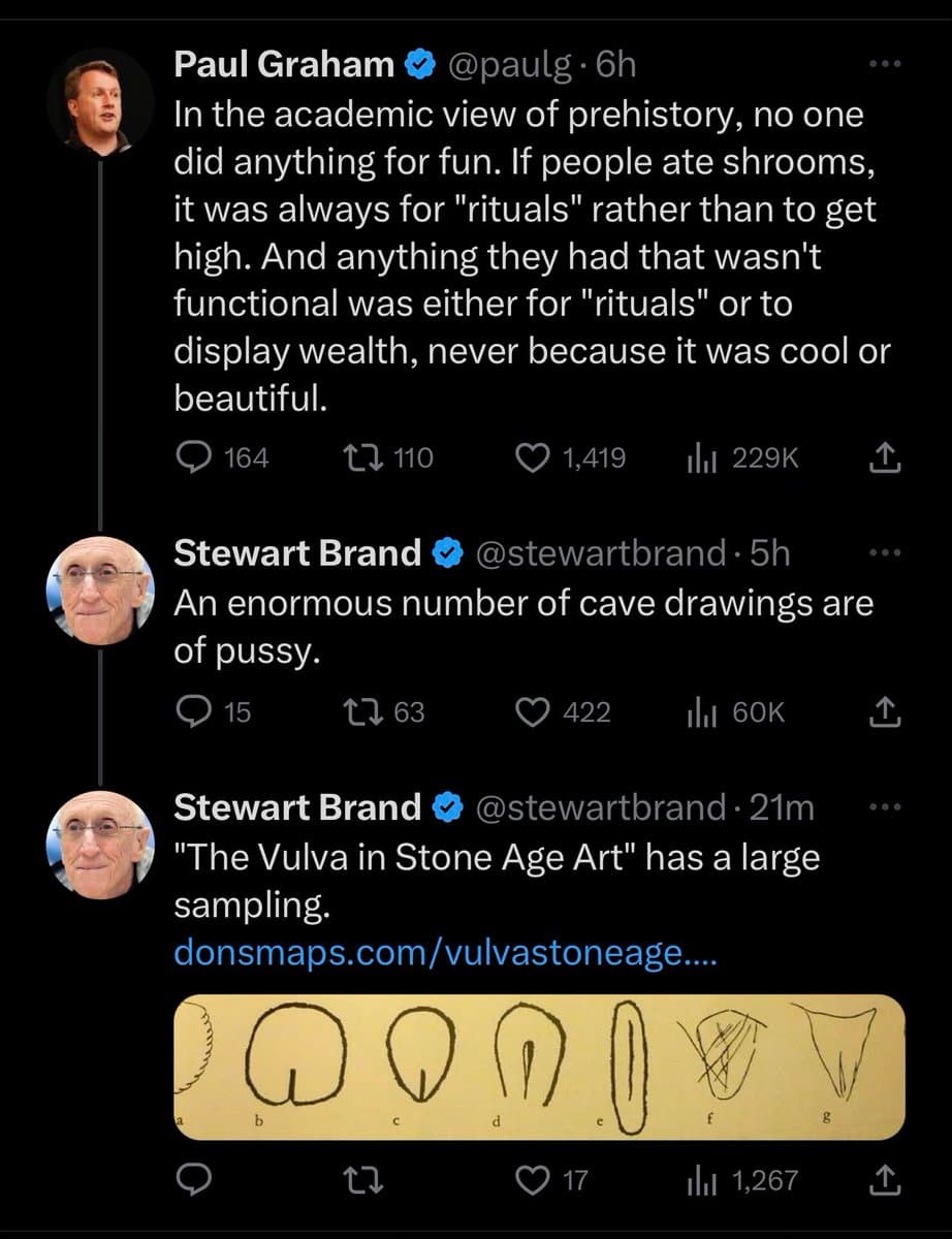 A screenshot of a Twitter conversation featuring a quote from Paul Graham about prehistory, followed by a reply from Stewart Brand discussing cave drawings of vulvas, accompanied by an image of seven stone age drawings.