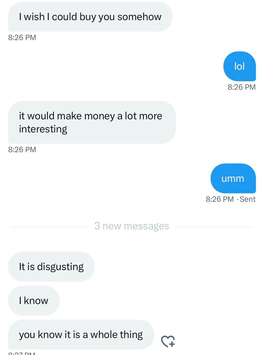 A screenshot of a text message conversation showing a humorous exchange about buying the recipient. The conversation includes timestamps and a notification for three new messages.