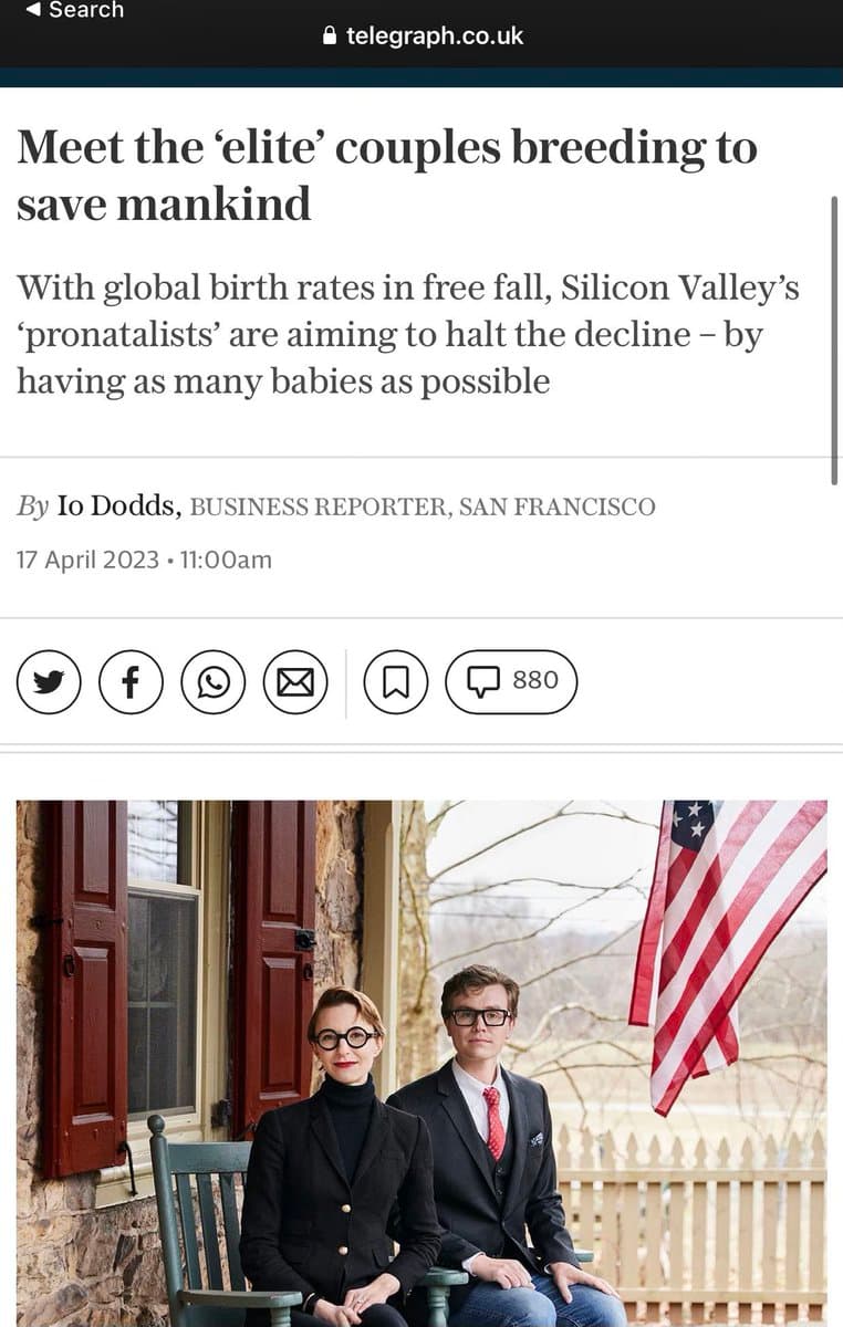 A screenshot of a Telegraph.co.uk news article titled 'Meet the 'elite' couples breeding to save mankind,' featuring a photo of a couple sitting on a porch in front of an American flag. The article discusses Silicon Valley 'pronatalists' aiming to halt declining birth rates.