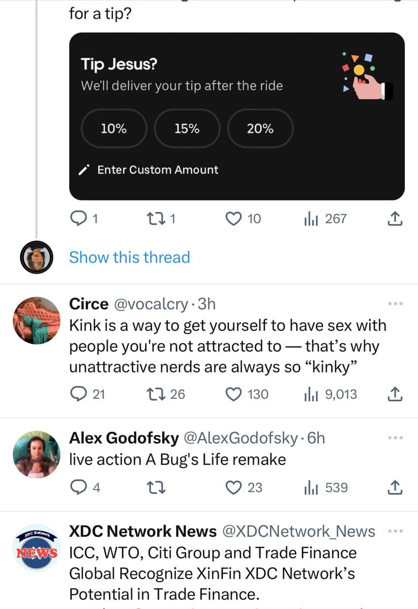 A screenshot of a Twitter (X) feed showing a thread of posts. The top post features an embedded image of a tipping interface, while the replies below it contain unrelated text posts from different users.
