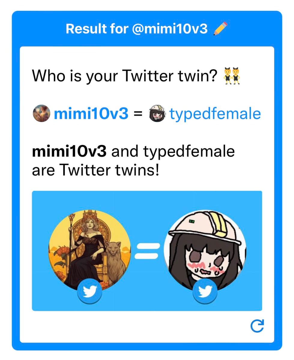 A screenshot of a Twitter 'twin' result card showing that the accounts @mimi10v3 and @typedfemale are a match. The card displays the two users' profile pictures side-by-side with an equals sign between them.