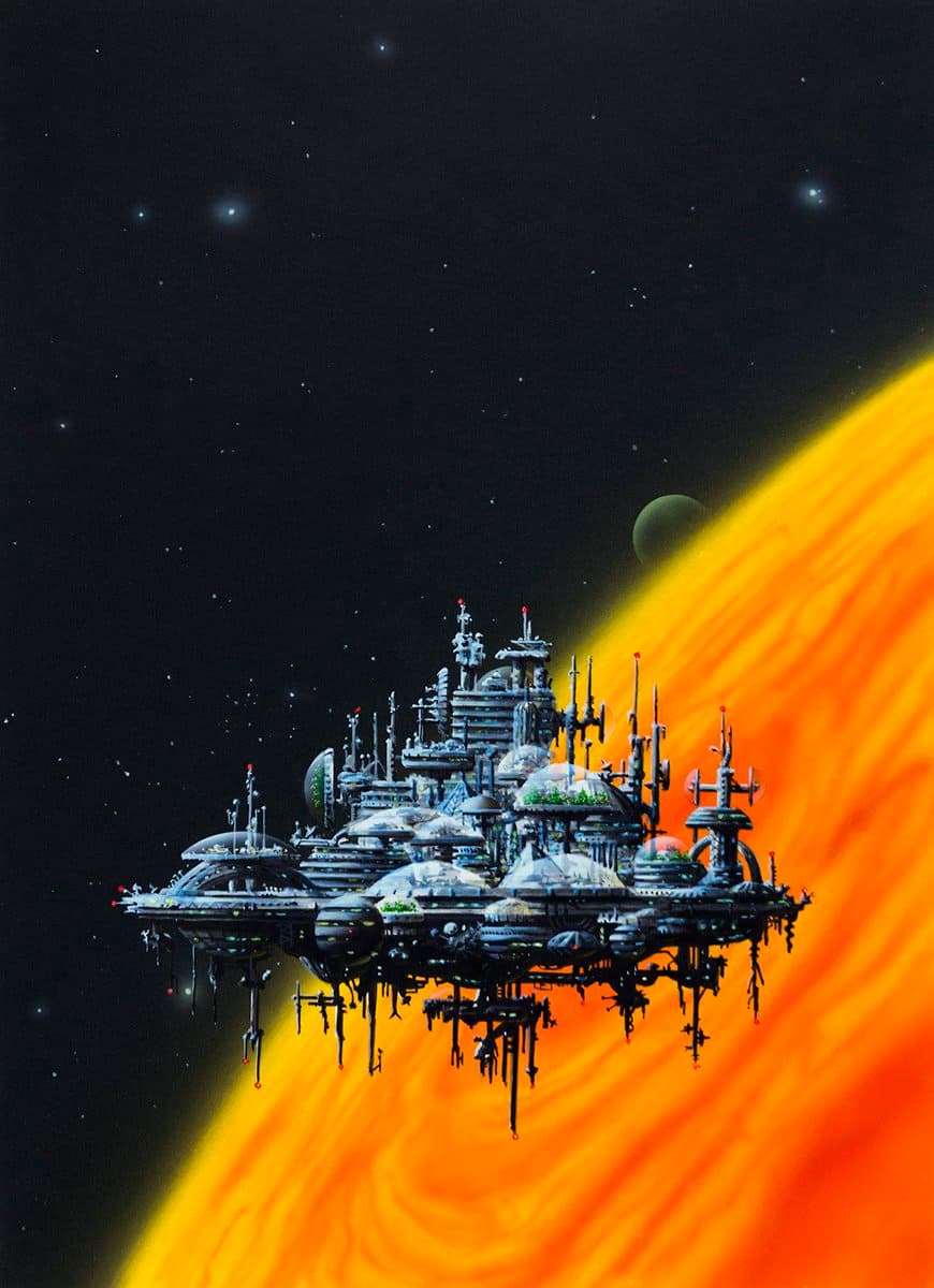 A digital painting of a large, complex space station with multiple domes and spires floating in orbit against a starry background. The station is positioned in front of a massive, swirling orange and yellow gas giant planet.