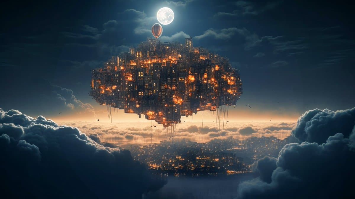 A digital artwork depicting a massive, spherical floating city illuminated with warm lights, suspended in the sky by a single hot air balloon beneath a full moon. Below the floating structure, a sea of clouds and a distant cityscape are visible at dusk.