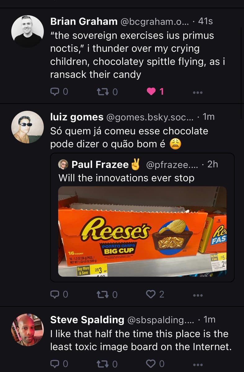 A screenshot of a social media conversation on the platform Bluesky. The thread features a quote about a 'chocolatey spittle' and a reply from a user named Luiz Gomes, who includes a nested post from Paul Frazee. The nested post shows a photo of a 'Reese's Potato Chips Big Cup' box on a store shelf.