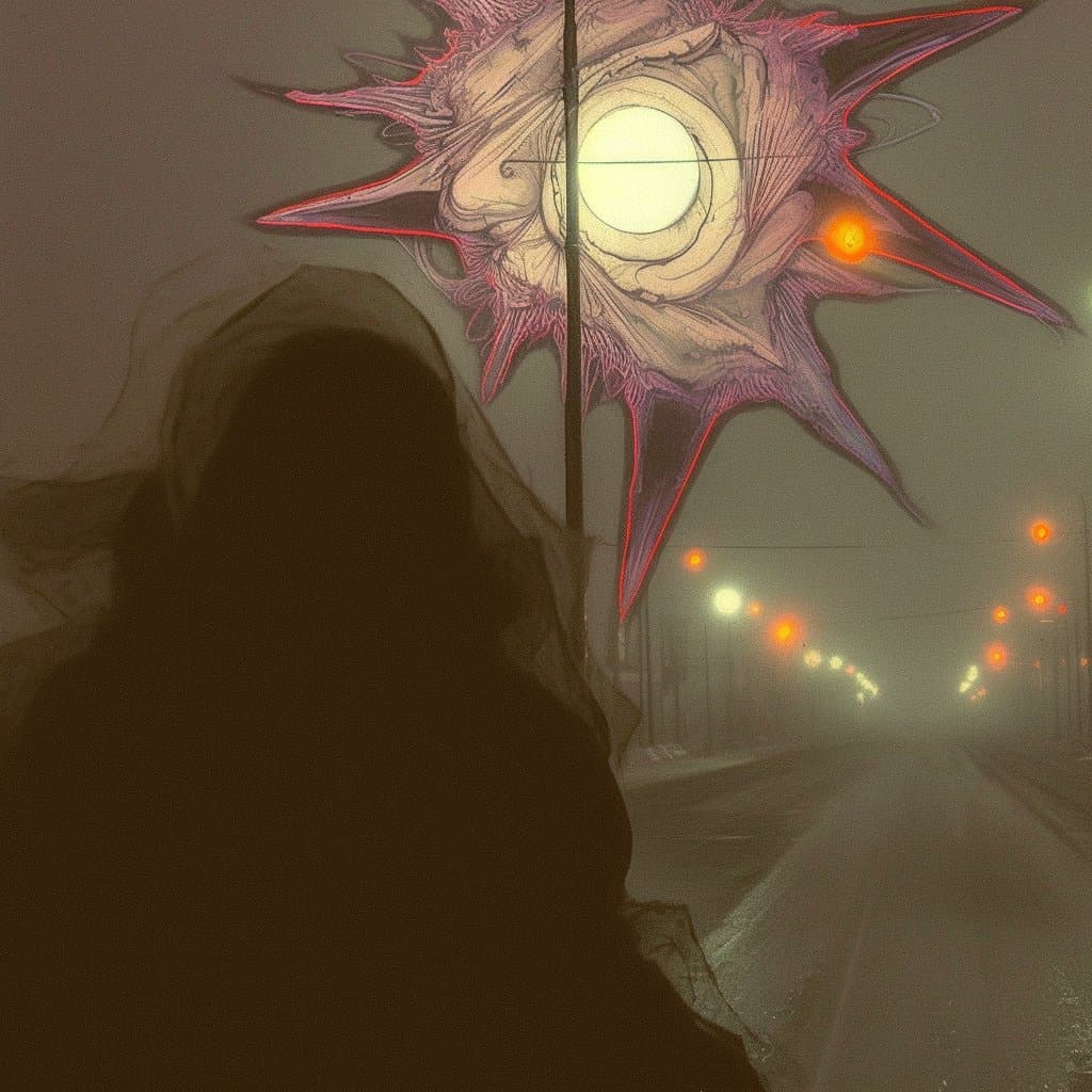 A surreal, double-exposure style image featuring the dark silhouette of a person in the foreground against a foggy, nighttime street background. A large, intricate, star-shaped graphic with a bright central circle is superimposed over the upper portion of the scene.