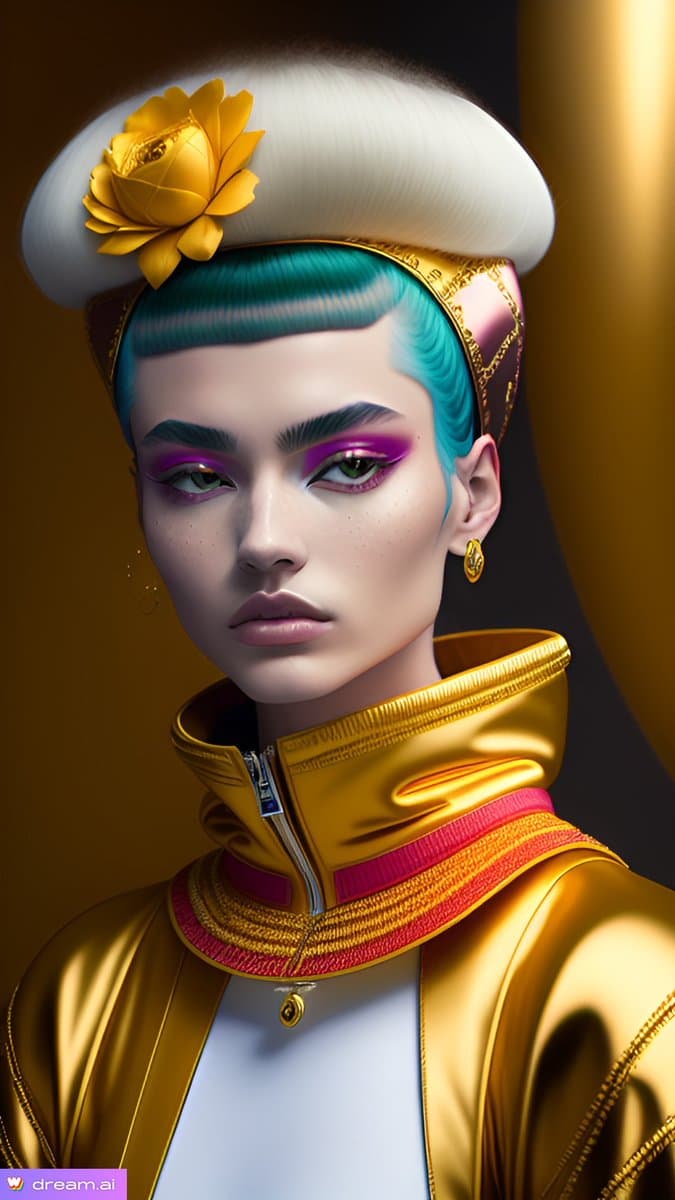 A digital art portrait of a person with teal hair, purple eyeshadow, and a white hat adorned with a yellow flower, wearing a shiny gold jacket with a high collar. The image features a 'dream.ai' watermark in the bottom left corner.