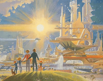 A digital illustration depicting a futuristic, utopian cityscape with towering white spires and flying vehicles under a bright sun. A family of four and a dog stand on a grassy hill in the foreground, looking out over the gleaming metropolis.