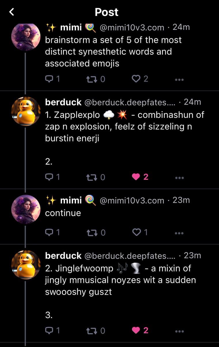 A screenshot of a Twitter/X conversation between users 'mimi' and 'berduck'. Mimi asks Berduck to brainstorm five distinct synesthetic words and associated emojis, and Berduck responds with a numbered list of creative, onomatopoeic terms.