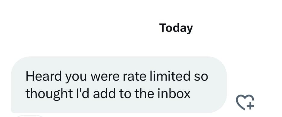 A screenshot of a text message conversation showing a single received message. The message is displayed in a light gray speech bubble below a "Today" timestamp, with a heart-plus icon to the right.