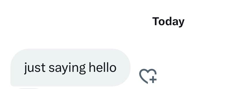 A screenshot of a messaging app conversation showing a single message bubble. The message reads "just saying hello" and is accompanied by a heart icon with a plus sign. The word "Today" appears at the top of the screen.