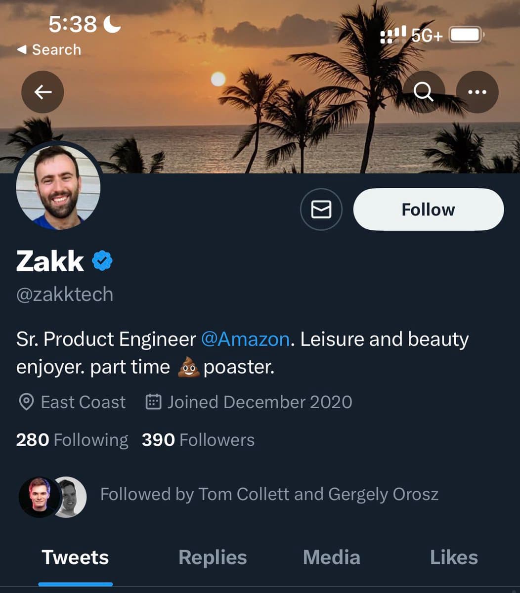 A screenshot of a Twitter profile page for the user 'Zakk' (@zakktech). The profile features a sunset beach background, a circular profile picture of a smiling man, and a bio describing him as a 'Sr. Product Engineer @Amazon.'