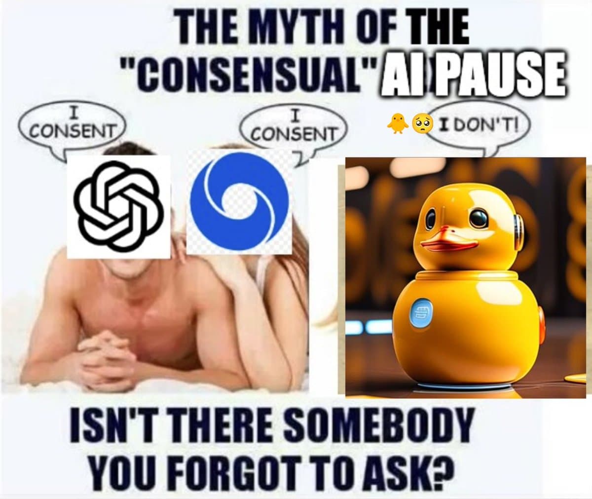 A meme image featuring a split layout with a couple on the left and a yellow robot duck on the right, overlaid with text and logos. The image uses the logos of OpenAI and Microsoft to represent the couple, and the robot duck to represent a third party, illustrating a concept about AI consent.