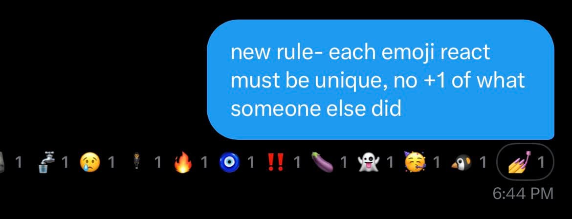 A screenshot of a chat interface showing a blue message bubble with text about a new emoji rule, followed by a row of unique emoji reactions each with a count of 1. The timestamp 6:44 PM is visible in the bottom right corner.