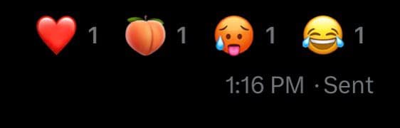 A screenshot of a social media post showing four emoji reactions with a count of 1 each: a red heart, a peach, a face with a tear and tongue out, and a laughing face with tears. Below the reactions, the timestamp "1:16 PM" and the status "Sent" are displayed in gray text on a black background.