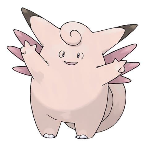 A digital illustration of the Pokémon Mewtwo in its alternate form, Mew, standing with its arms raised in a cheerful pose. The character has a light pink body, large pointed ears with dark tips, and a curl of hair on its head. The image is set against a plain white background.