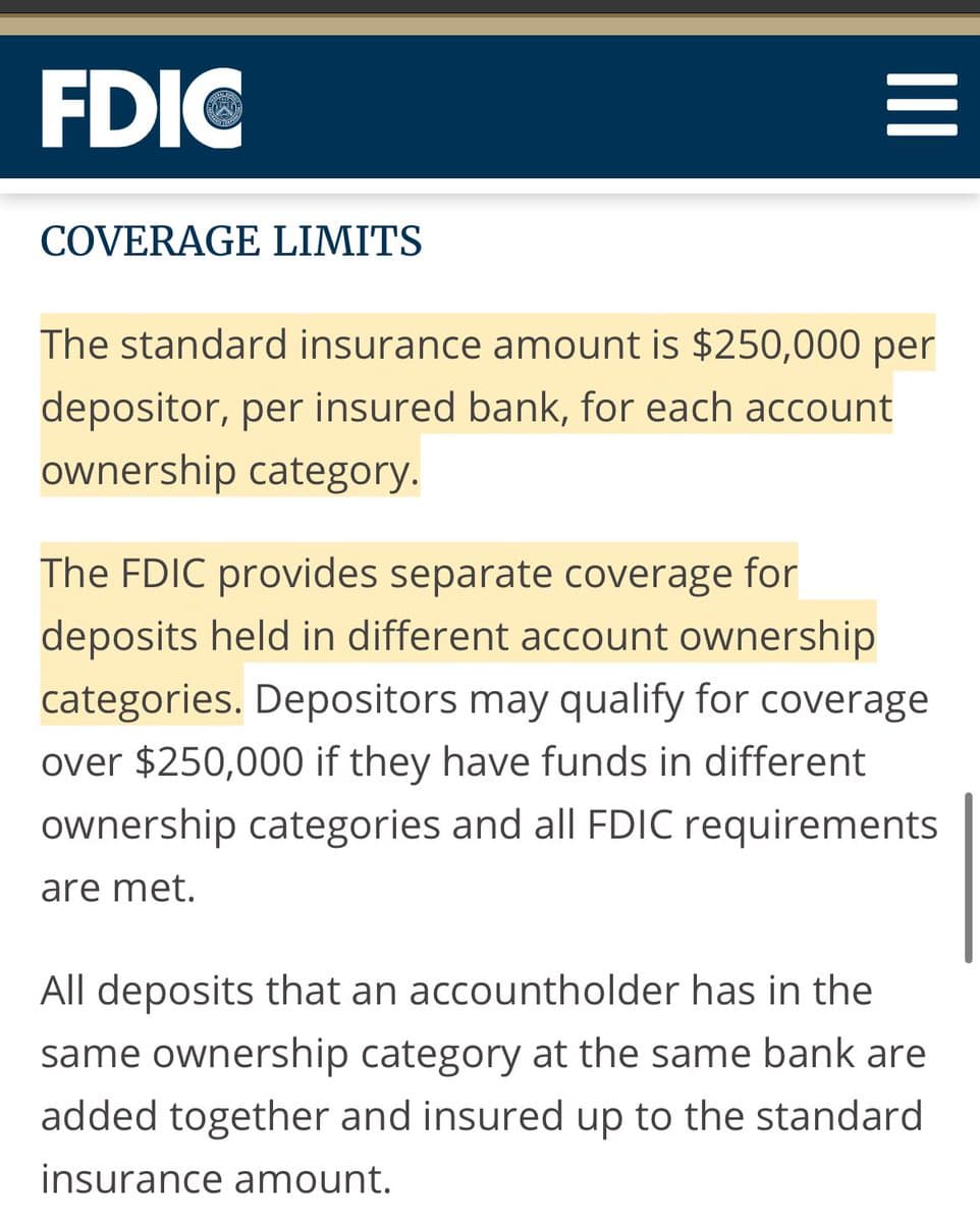 A screenshot of the FDIC website's 'Coverage Limits' page, with key sentences highlighted in yellow. The text explains that the standard insurance amount is $250,000 per depositor, per insured bank, for each account ownership category, and that separate coverage applies to different ownership categories.