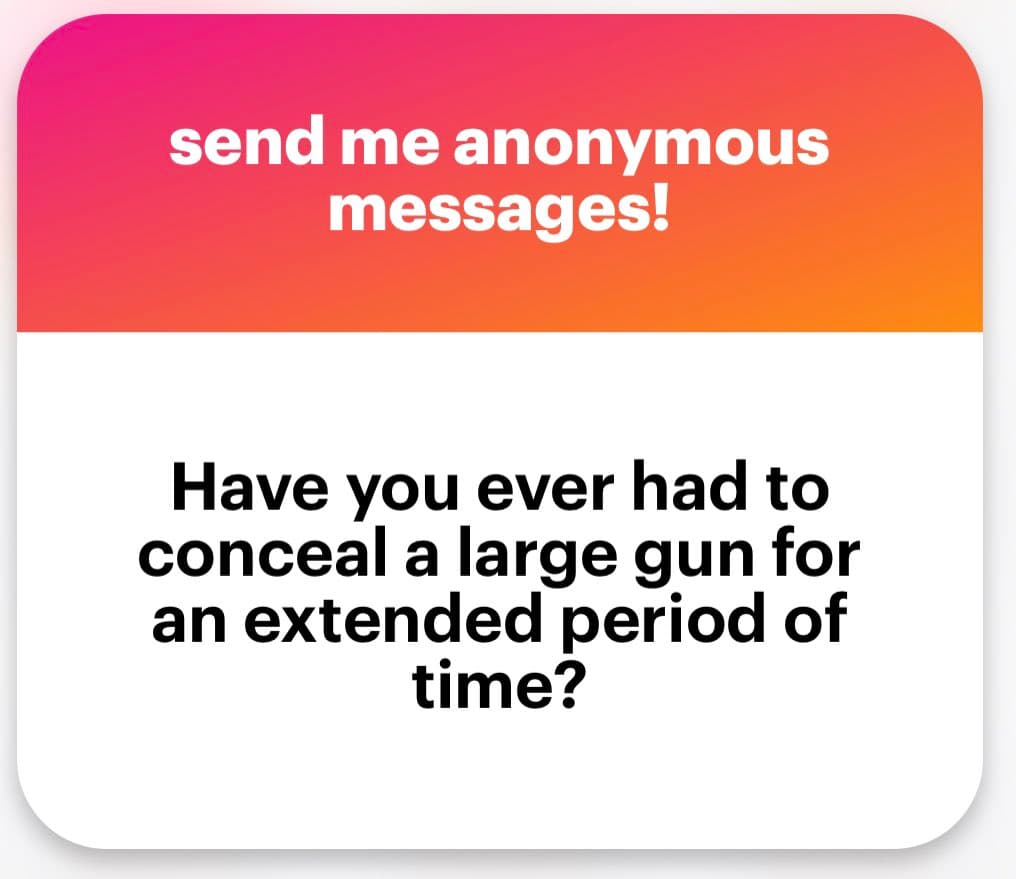 A screenshot of an anonymous message card featuring a pink-to-orange gradient header and a white body. The image contains text inviting users to send anonymous messages and posing a specific question.