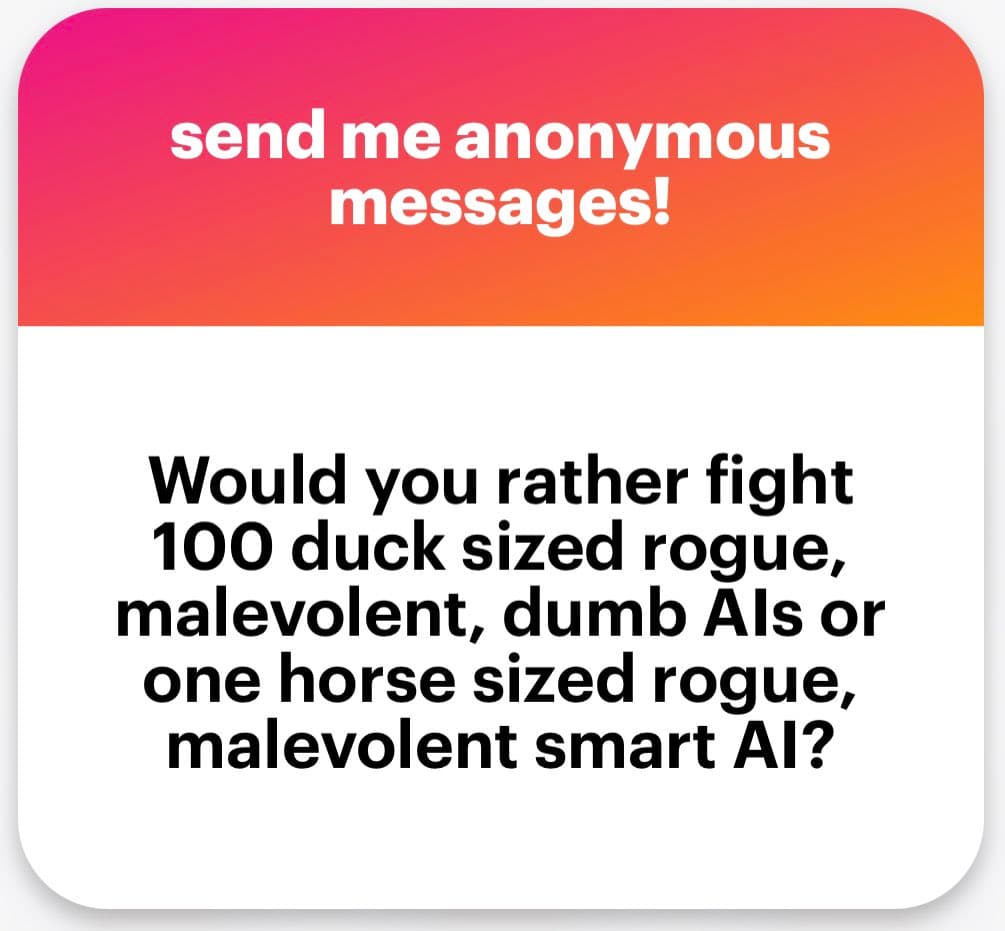 A social media graphic with a pink-to-orange gradient header and a white body, presenting a question about hypothetical AI adversaries.