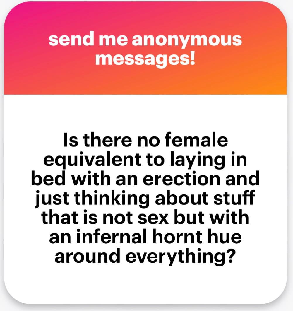 A screenshot of an anonymous message card with a pink-to-orange gradient header and a white body. The header invites users to send anonymous messages, while the body contains a question about female sexual experience.