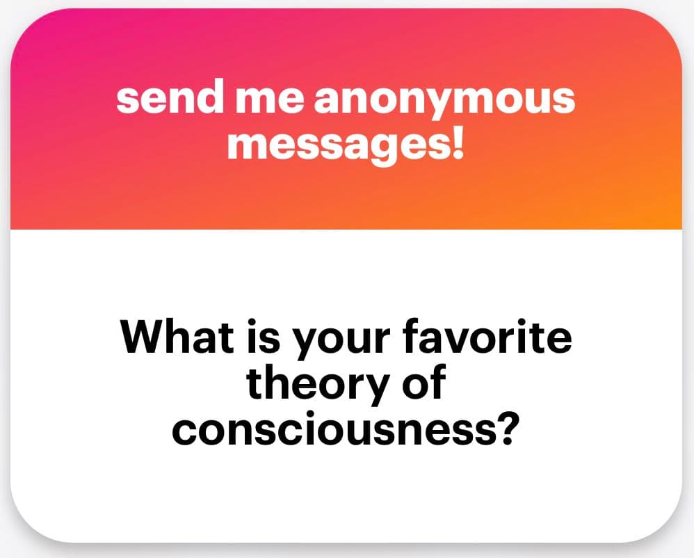 A graphic with a pink-to-orange gradient header and a white body. The header contains white text inviting anonymous messages, while the body features a question in black text.
