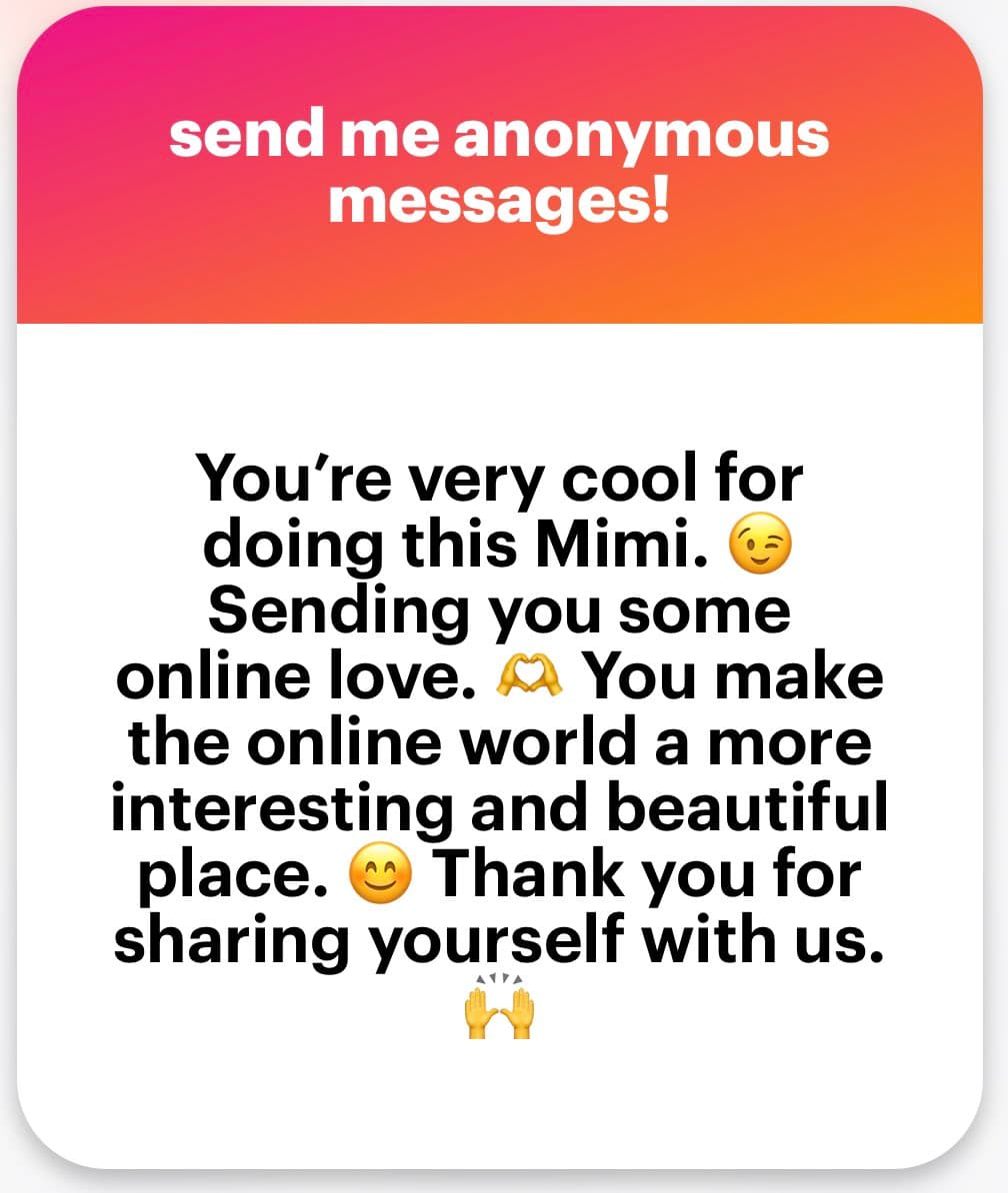A screenshot of an anonymous message card with a pink-to-orange gradient header and a white body. The image contains a supportive text message addressed to a user named Mimi.