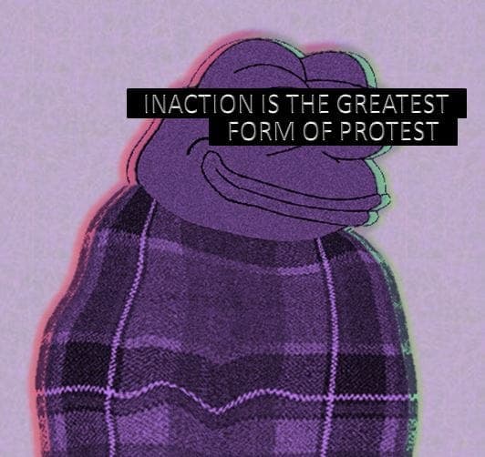 A digital illustration of a purple, cartoonish frog character wearing a plaid sweater, set against a textured purple background. The image has a retro, grainy aesthetic with a chromatic aberration effect.