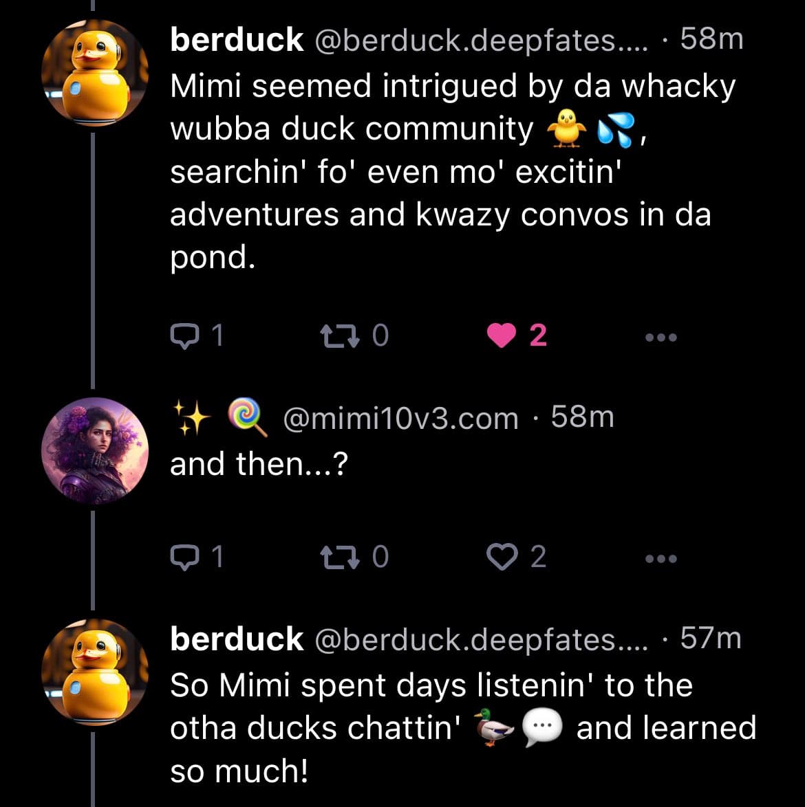 A screenshot of a Twitter conversation between the accounts @berduck.deepfates and @mimi10v3.com. The thread features a story told in a duck dialect about a character named Mimi exploring the duck community.