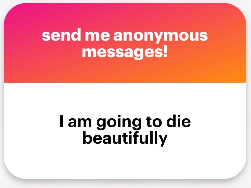 A screenshot of an anonymous message submission interface. The top section has a pink-to-orange gradient background with white text, while the bottom section is white with black text.
