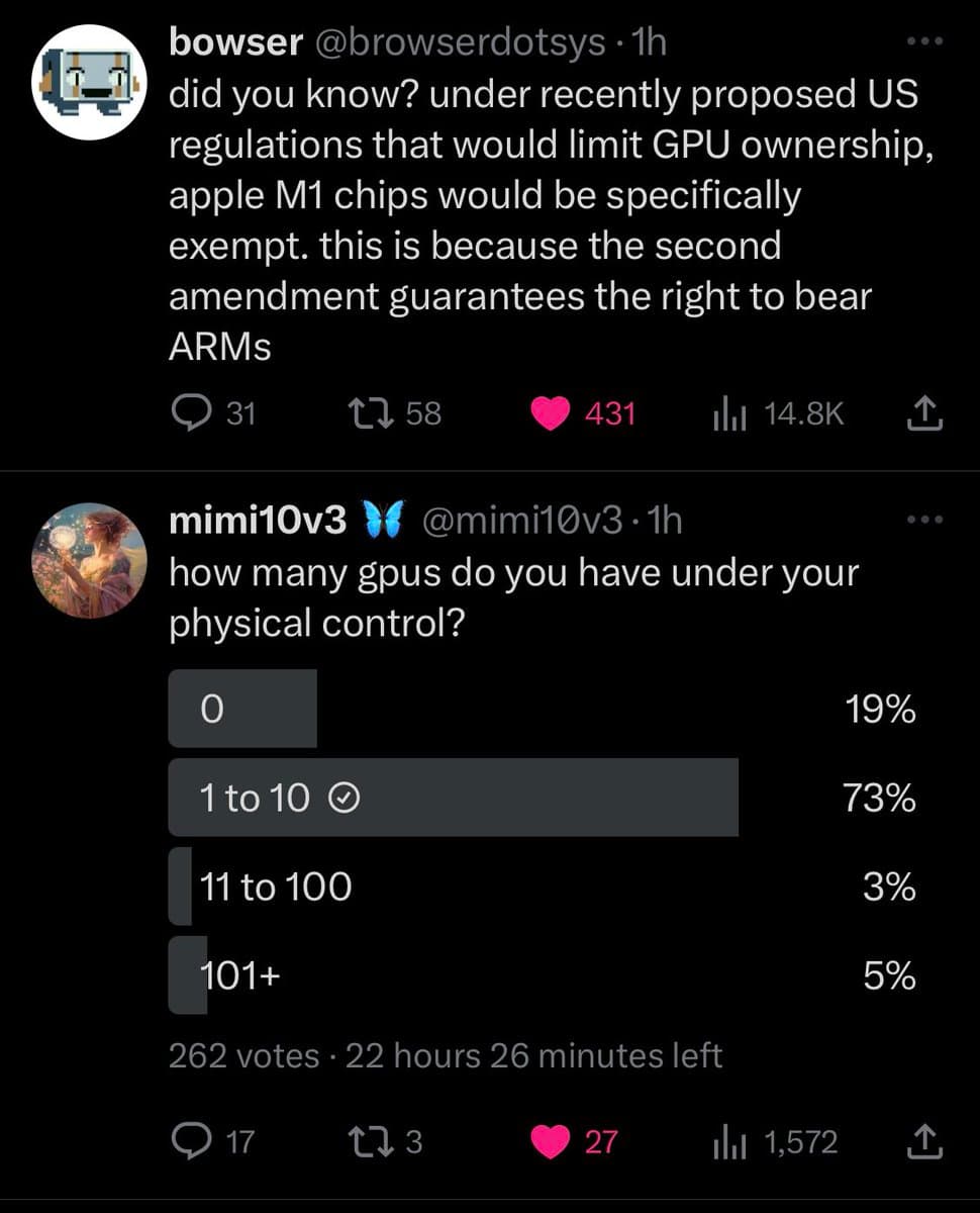 A screenshot of a Twitter conversation featuring a joke tweet about US regulations and Apple M1 chips, followed by a reply containing a poll asking users how many GPUs they have under their physical control.