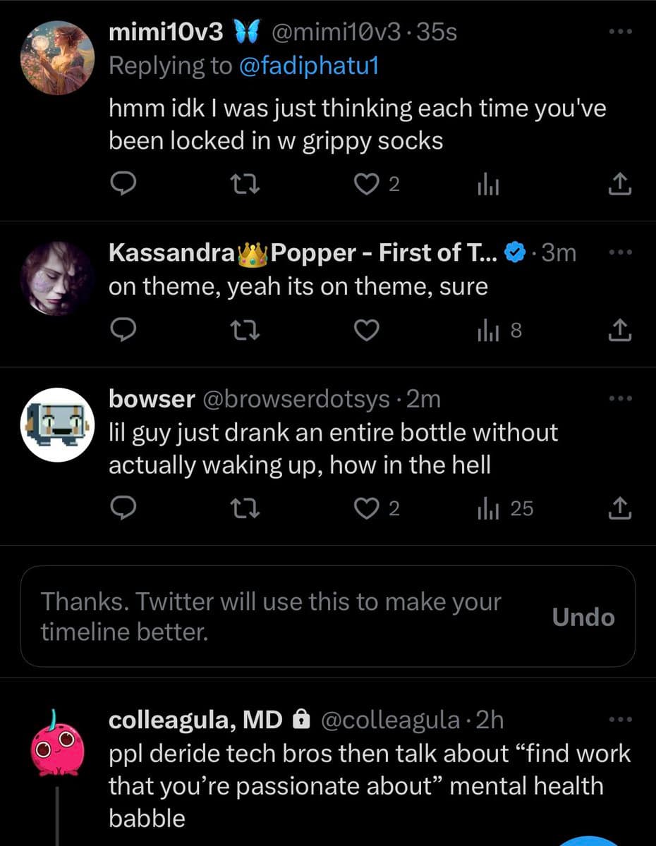 A screenshot of a Twitter conversation thread featuring replies from multiple users. The thread includes comments about 'grippy socks', a character drinking a bottle, and a critique of tech industry culture.
