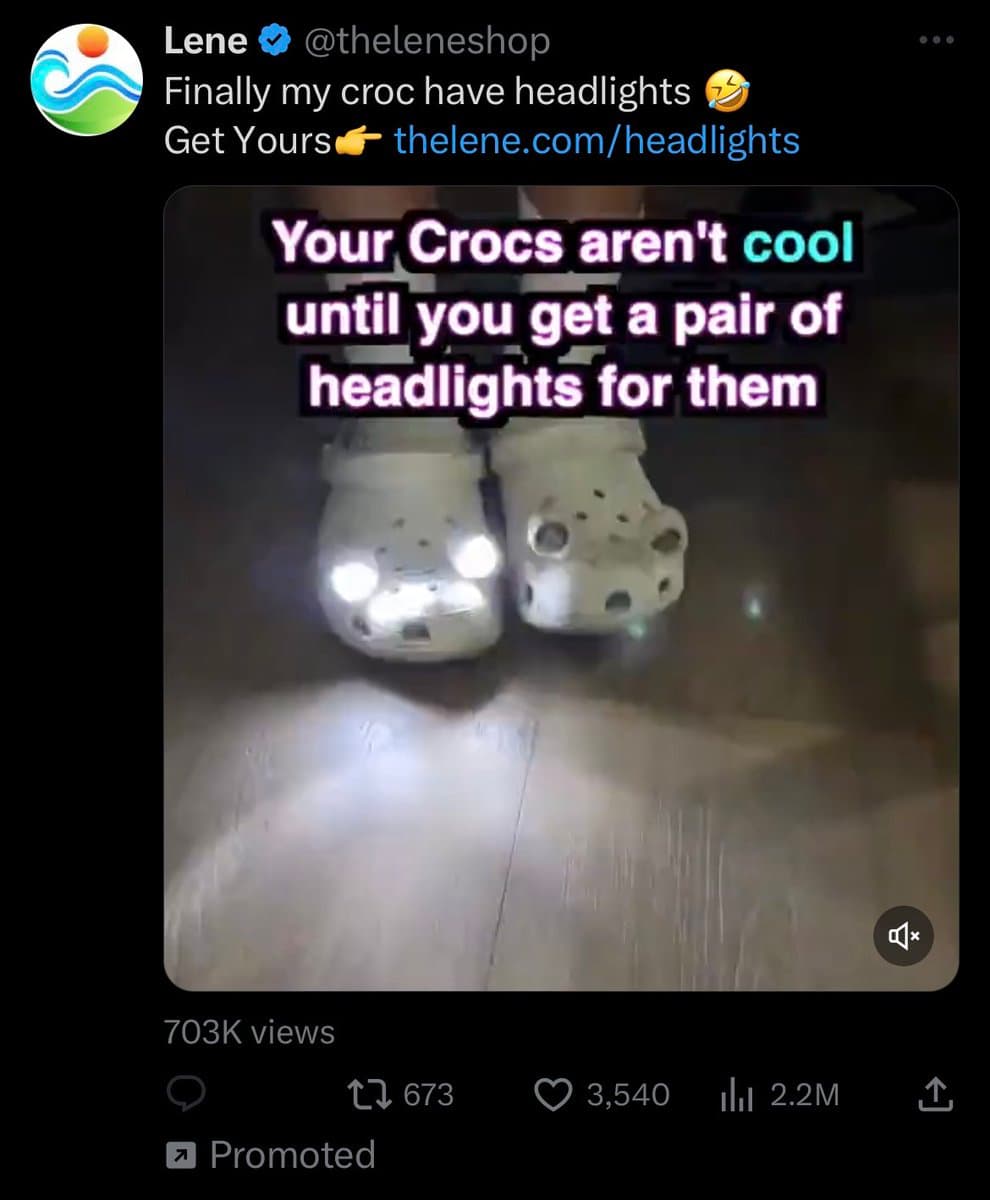 A screenshot of a Twitter post by user @theleneshop featuring a video of white Crocs with bright lights attached to the front. The video has overlaid text advertising the product.