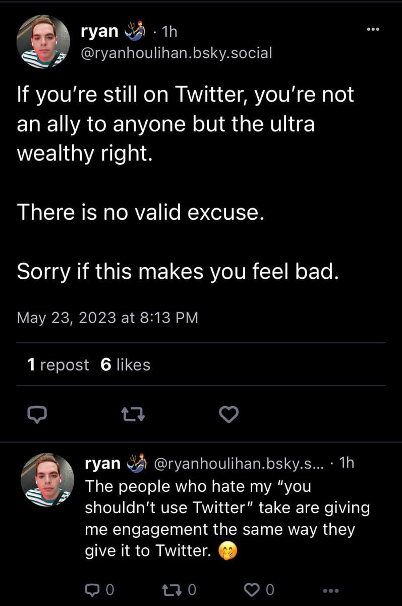A screenshot of a social media post from a user named ryan, which includes a quote criticizing Twitter users and a reply from the same user.