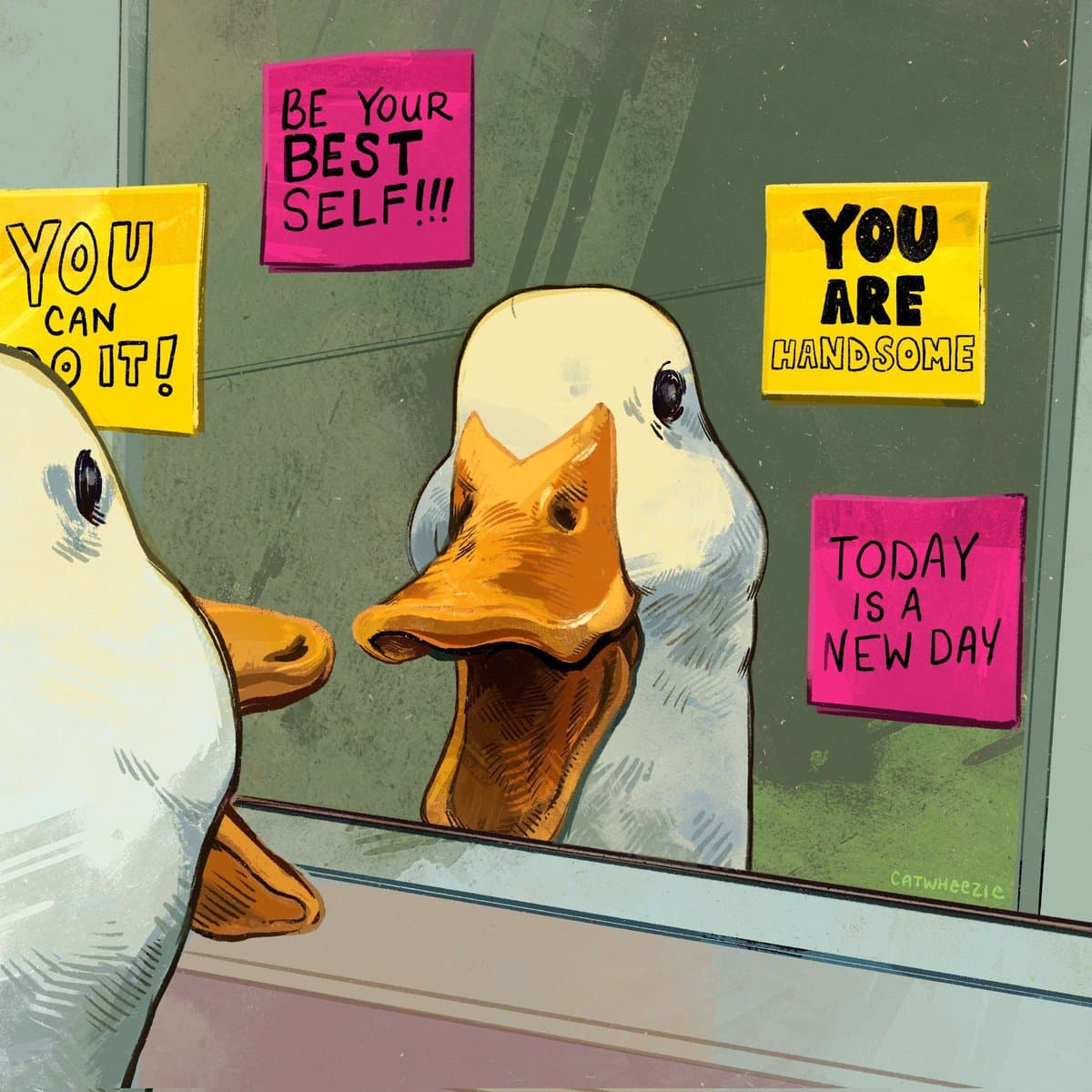 A digital illustration of a white duck looking at its reflection in a mirror. The mirror is decorated with four colorful sticky notes containing motivational phrases.