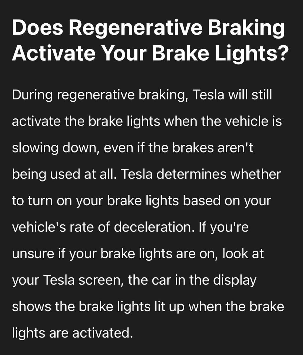 A text-based informational graphic with a black background and white text explaining how Tesla's regenerative braking interacts with the vehicle's brake lights. The image is formatted as a social media post or article excerpt.