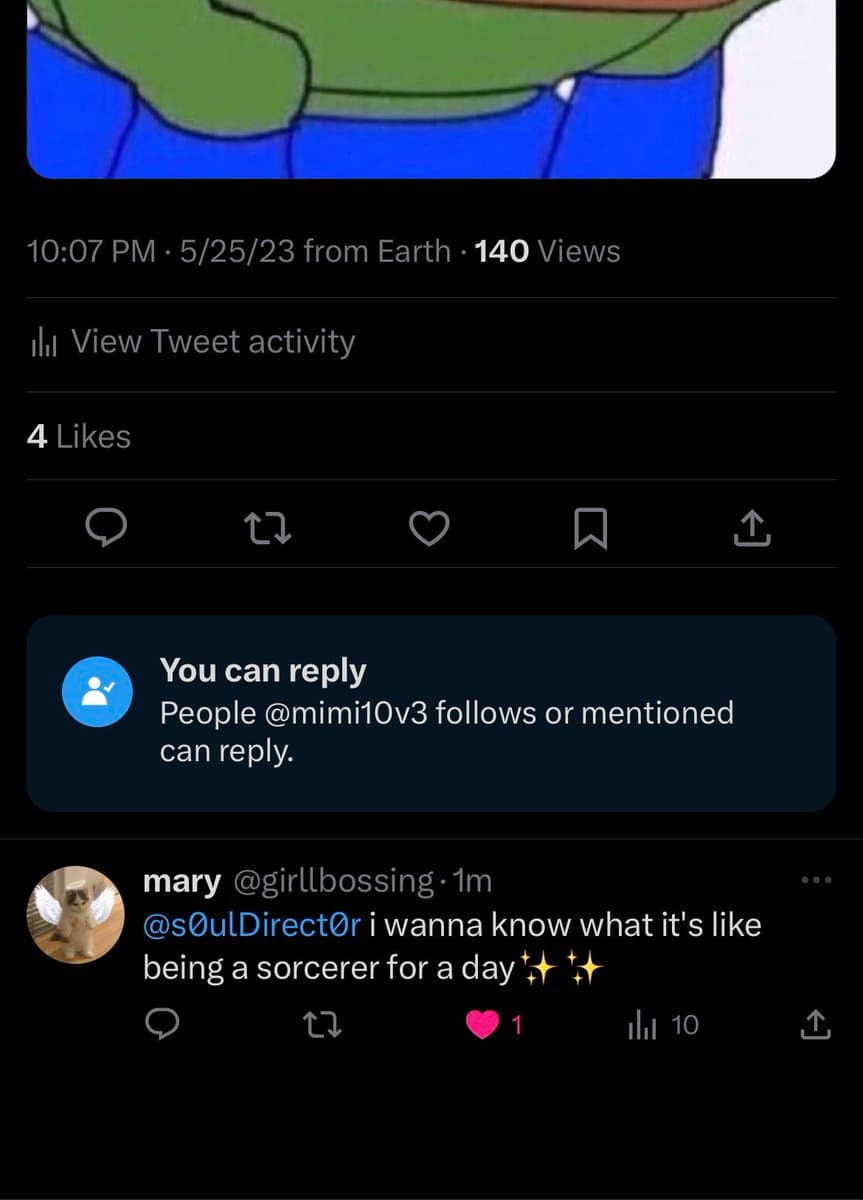 A screenshot of a Twitter (X) post showing a reply restriction notice and a user's reply. The main post has a cartoon image, a timestamp of 10:07 PM on 5/25/23, and 140 views. A blue box states that only people the author follows or mentions can reply. Below, a user named 'mary' has replied to another user.