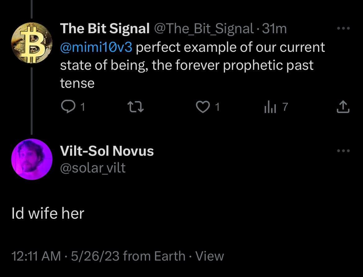 A screenshot of a Twitter thread showing a reply to a tweet. The top tweet is from 'The Bit Signal' (@The_Bit_Signal), and the reply below it is from 'Vilt-Sol Novus' (@solar_vilt).