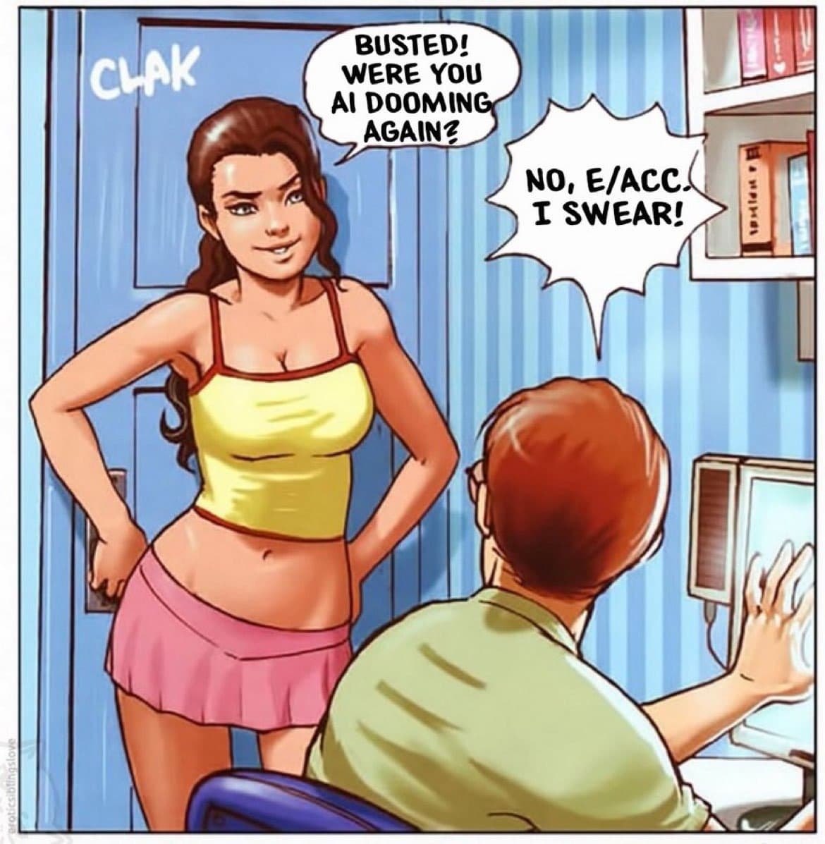 A comic-style meme depicting a woman standing in a doorway while a man sits at a computer. The woman asks if he was 'AI dooming' again, and he replies that he was using E/ACC.