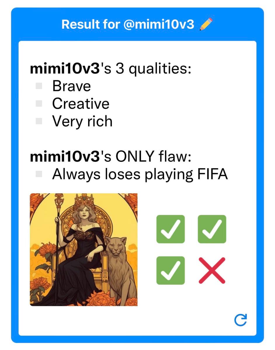 A screenshot of a social media personality quiz result for the user @mimi10v3. It lists three positive qualities and one negative flaw, accompanied by an illustration of a queen and a lion, and a set of checkmark and cross icons.
