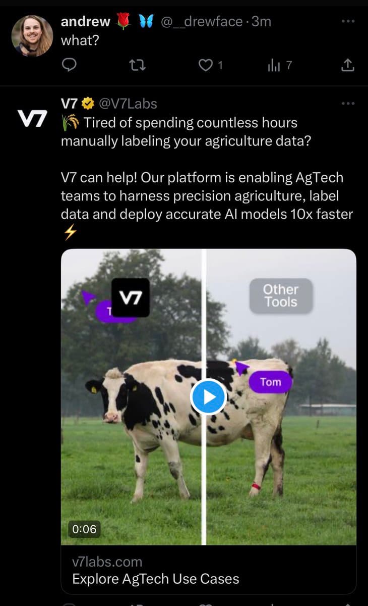 A screenshot of a Twitter conversation where user @__drewface replies to a promotional tweet from V7 Labs. The V7 Labs tweet advertises an AI platform for agriculture data labeling, featuring a video thumbnail of a cow with object-detection labels.