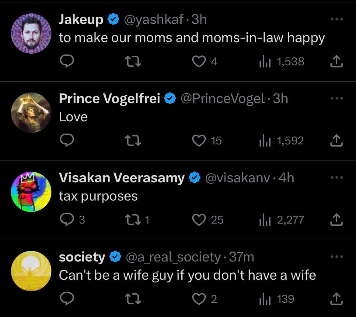 A screenshot of a Twitter/X conversation showing four replies to a post about 'the 4 genders.' The replies are from users Jakeup, Prince Vogelfrei, Visakan Veerasamy, and society, each offering a short, humorous answer.